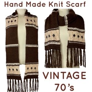 Vintage 70s Hand Knit Sweater Fringe Scarf Button Details Leather Like Patchwork